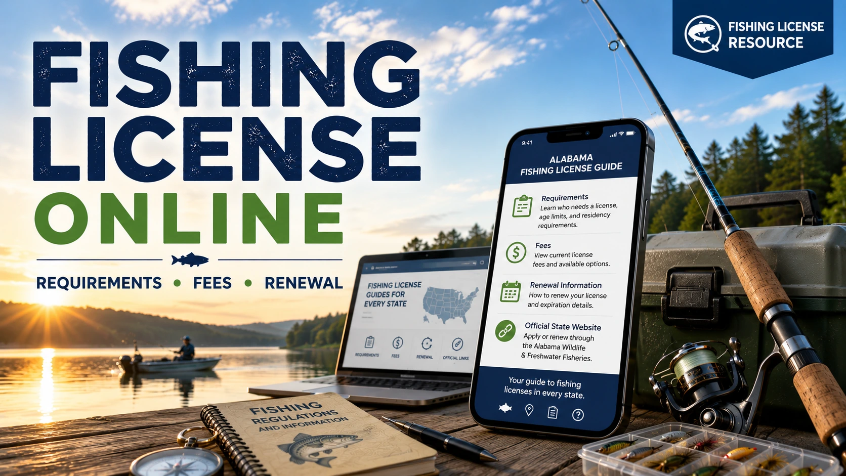 fishing license online guide with information about license requirements, fees, renewal, and official application links